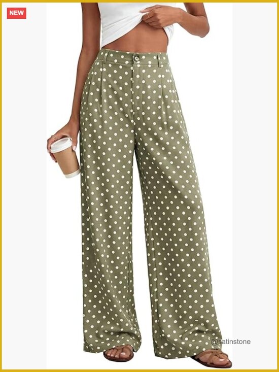Pants - Wide Leg Polka Dot Dress Pants for Women with Pockets